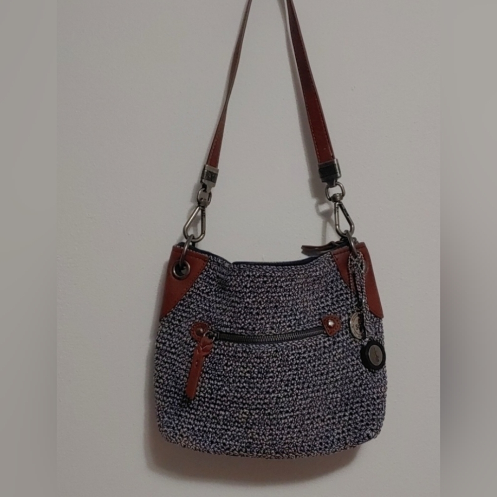 Vintage The Sak Navy Crochet Shoulder Bag With Leather multi pocket zip purse. - Picture 2 of 5